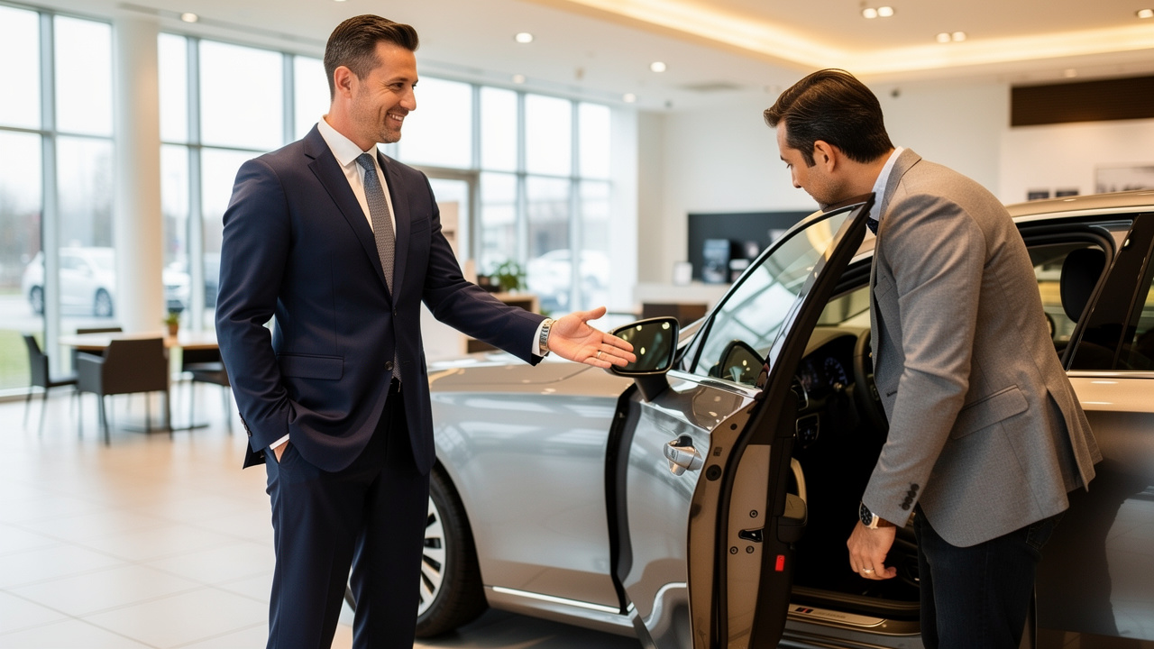 Customer and sales advisor discussing car at dealership