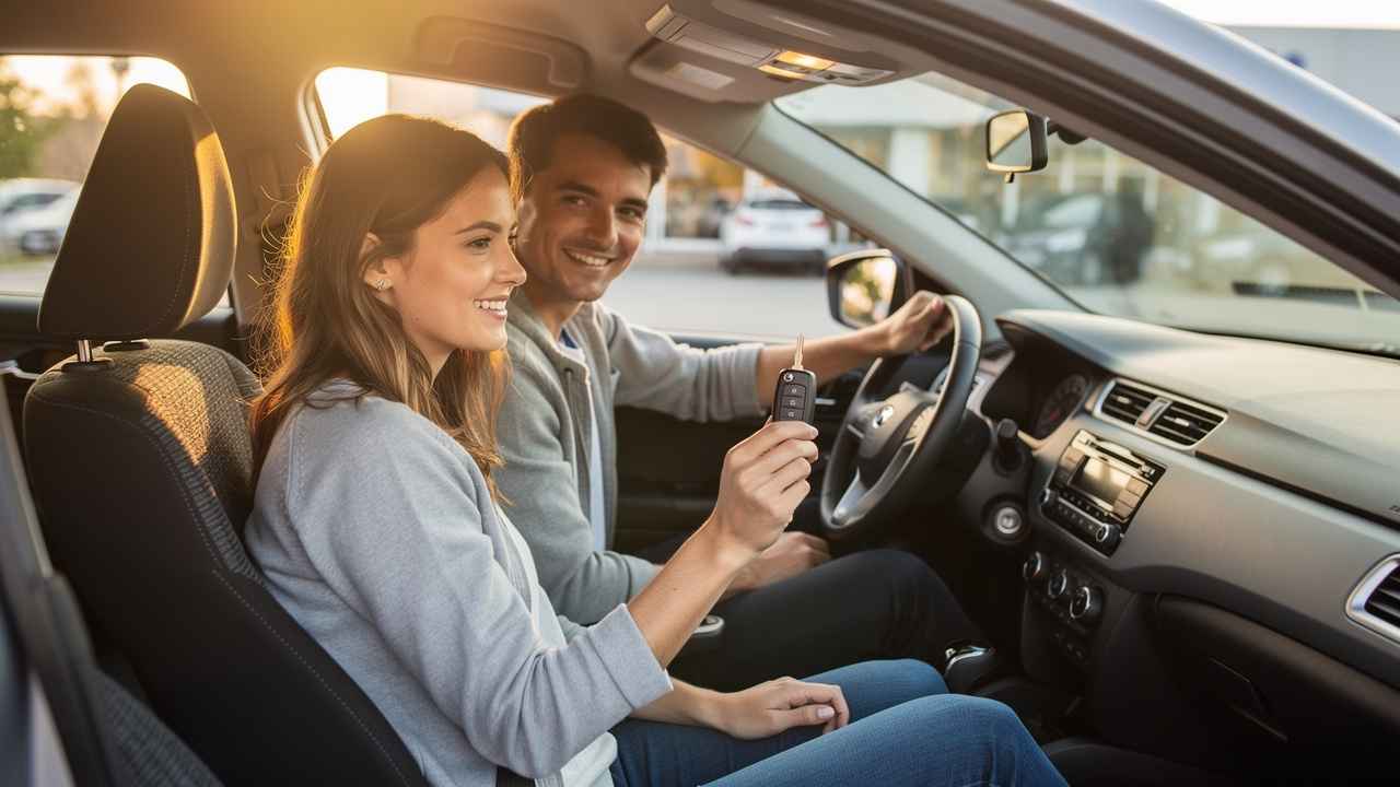 Happy couple sitting inside newly purchased used car