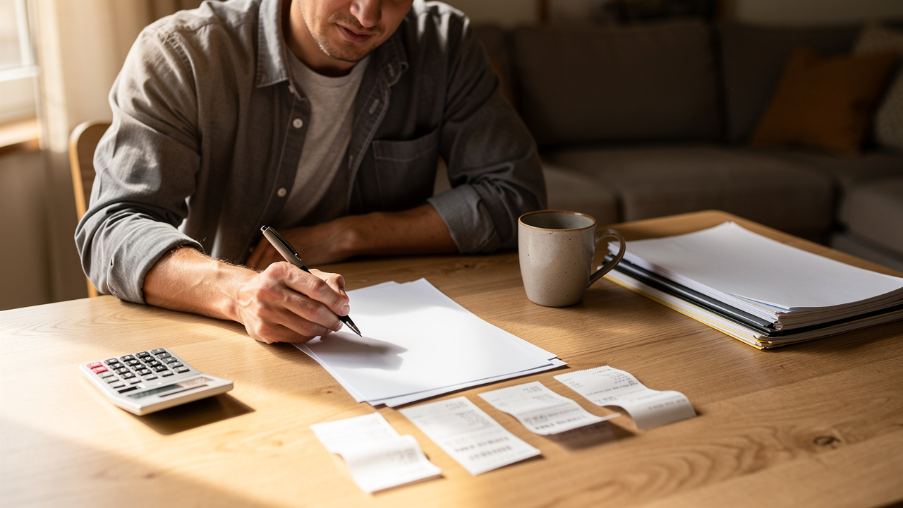 Person carefully reviewing personal finances at wooden desk