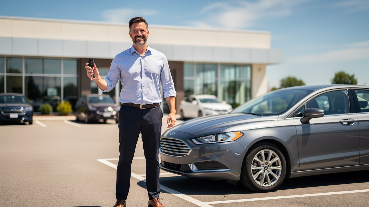 Confident man receiving car keys at dealership after rebuilding credit