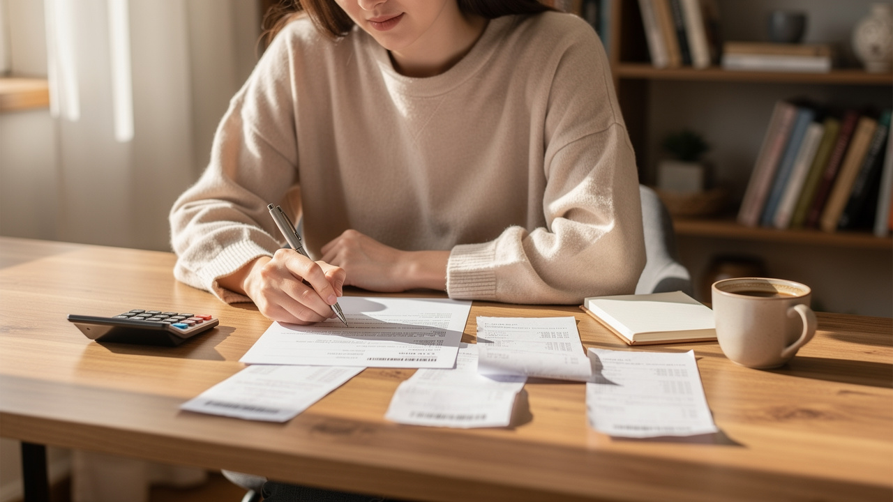 Person carefully managing personal budget at home desk