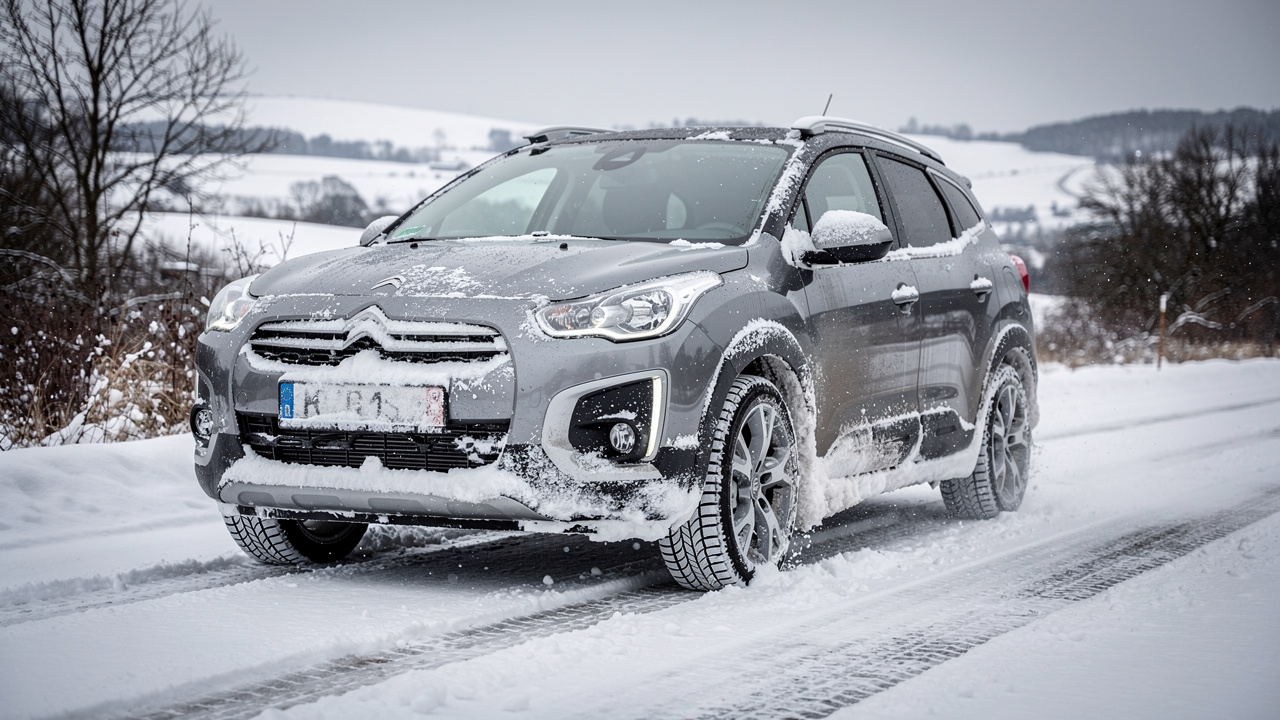 Voiture roulant sur une route enneigée en conditions hivernales