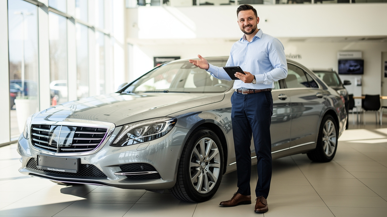 Professional car specialist consulting client at dealership