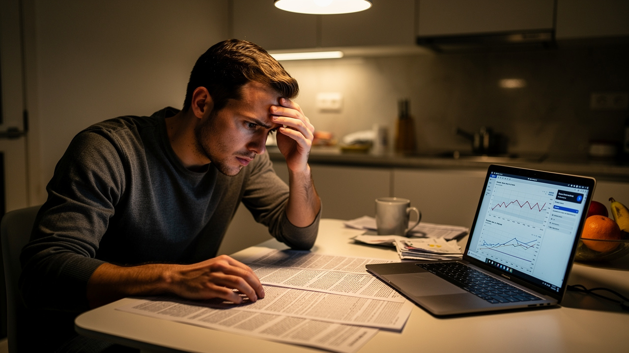 Homme inquiet analysant un contrat de financement automobile